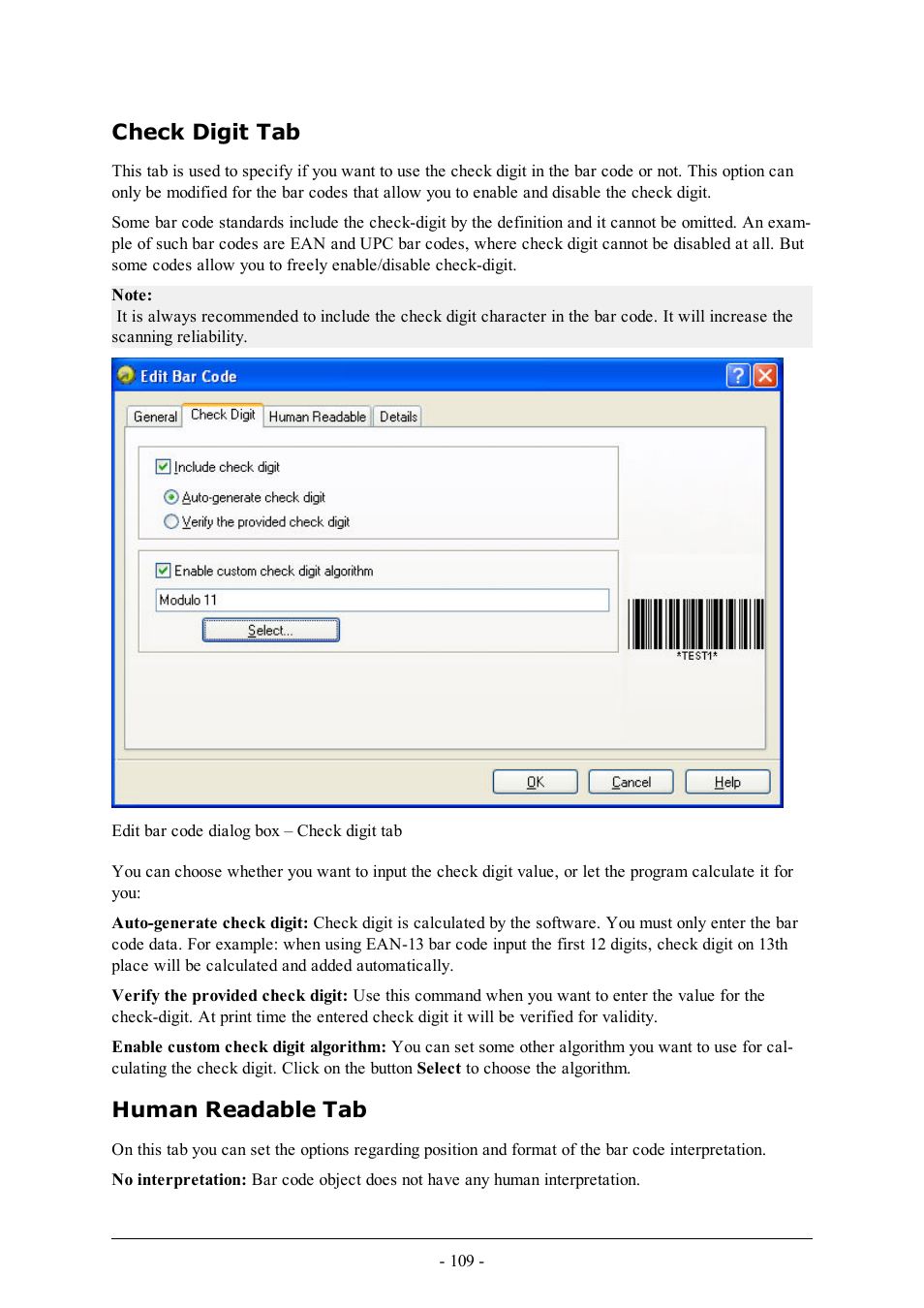 Check digit tab, Human readable tab | QuickLabel Designer Pro User Manual | Page 109 / 194