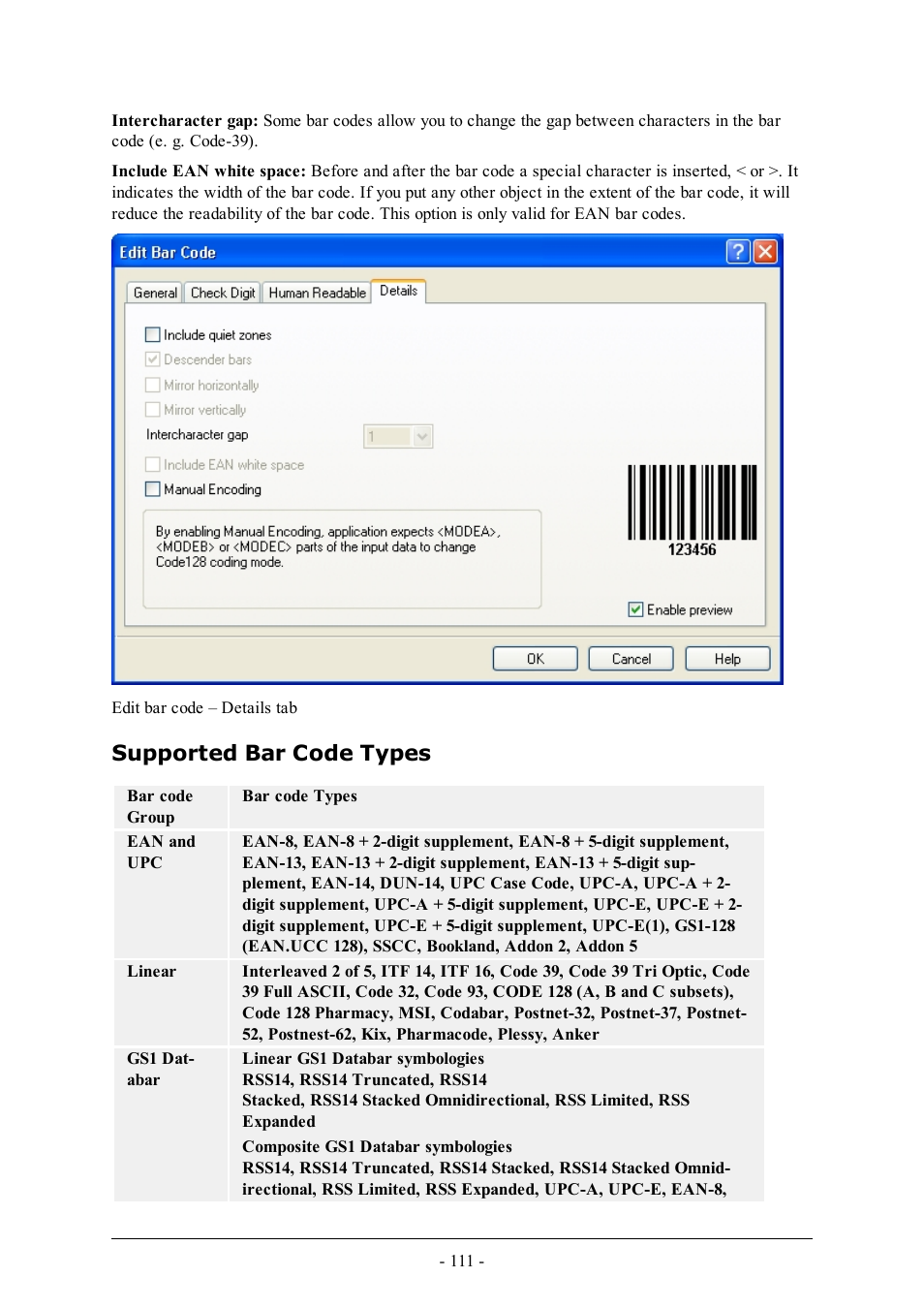 Supported bar code types | QuickLabel Designer Pro User Manual | Page 111 / 194