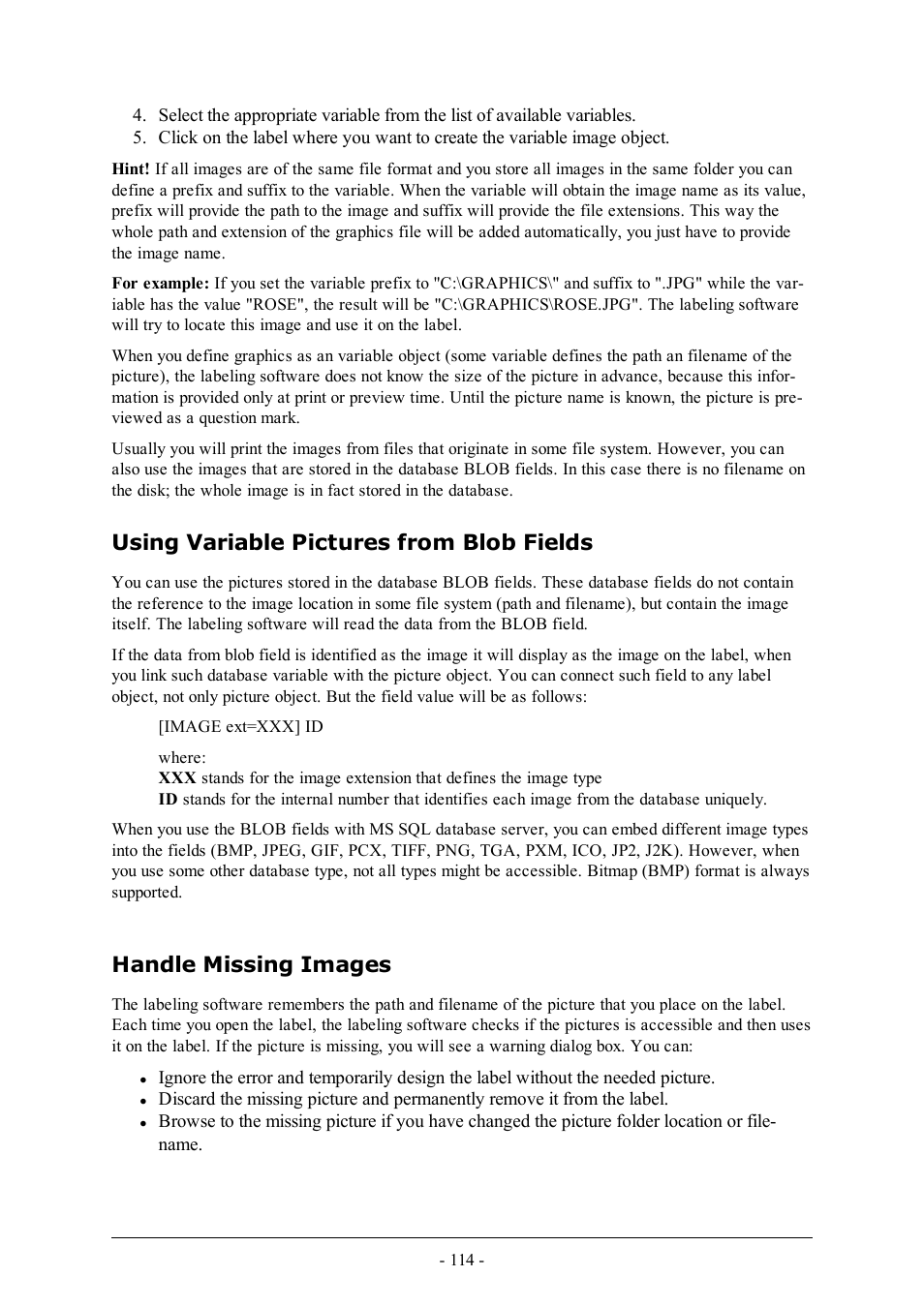 Using variable pictures from blob fields, Handle missing images | QuickLabel Designer Pro User Manual | Page 114 / 194