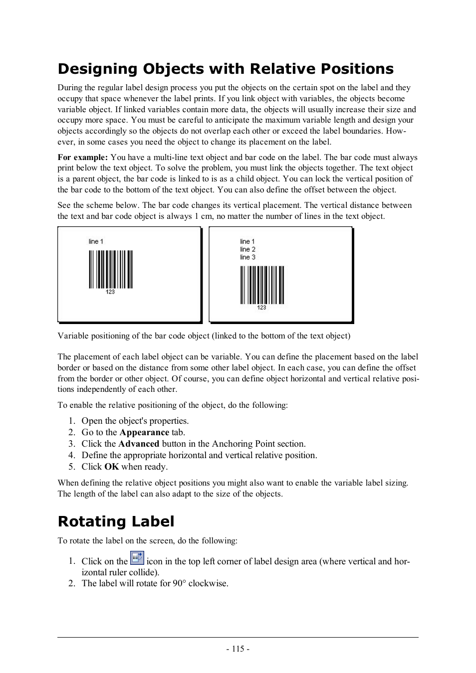 Designing objects with relative positions, Rotating label | QuickLabel Designer Pro User Manual | Page 115 / 194