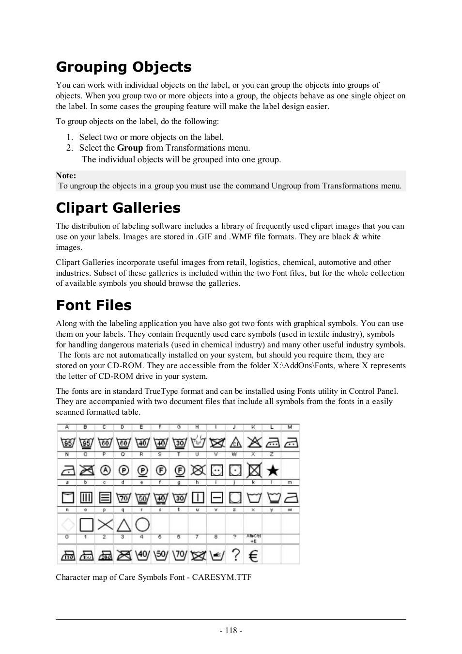 Grouping objects, Clipart galleries, Font files | QuickLabel Designer Pro User Manual | Page 118 / 194