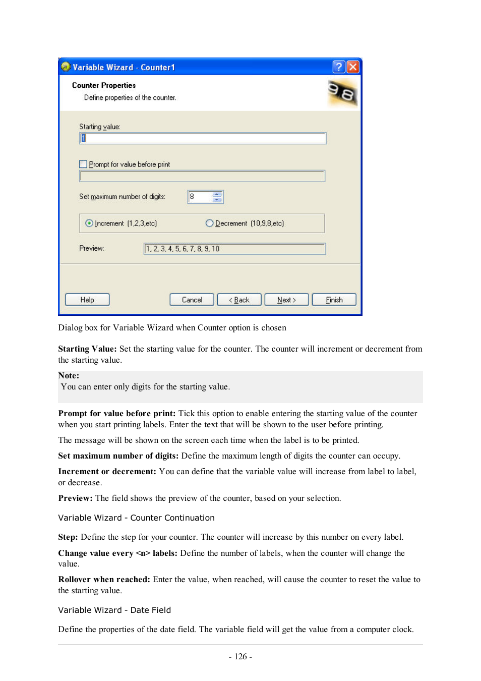 Variable wizard - counter continuation, Variable wizard - date field | QuickLabel Designer Pro User Manual | Page 126 / 194