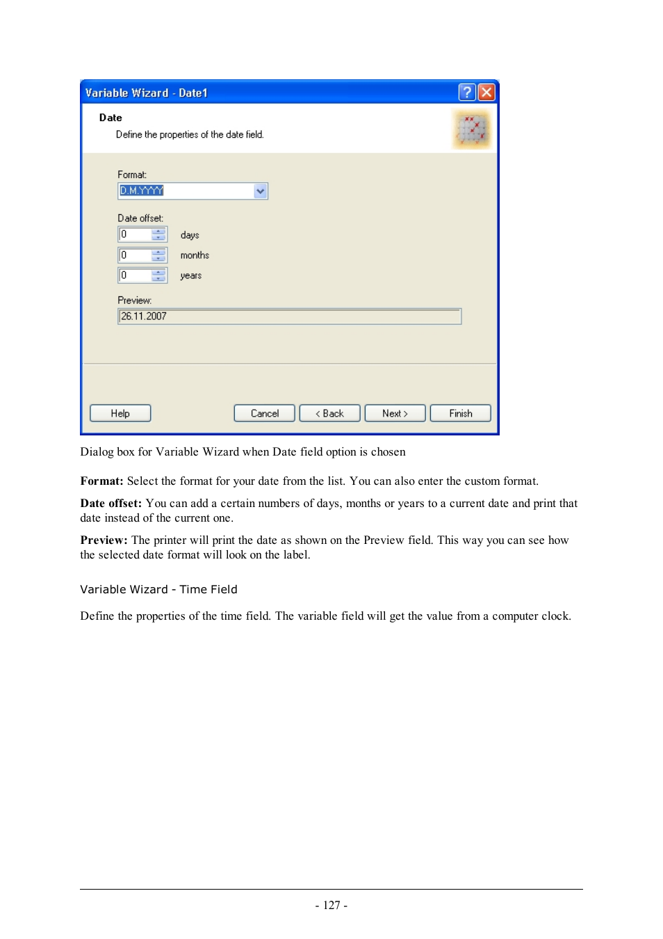 Variable wizard - time field | QuickLabel Designer Pro User Manual | Page 127 / 194
