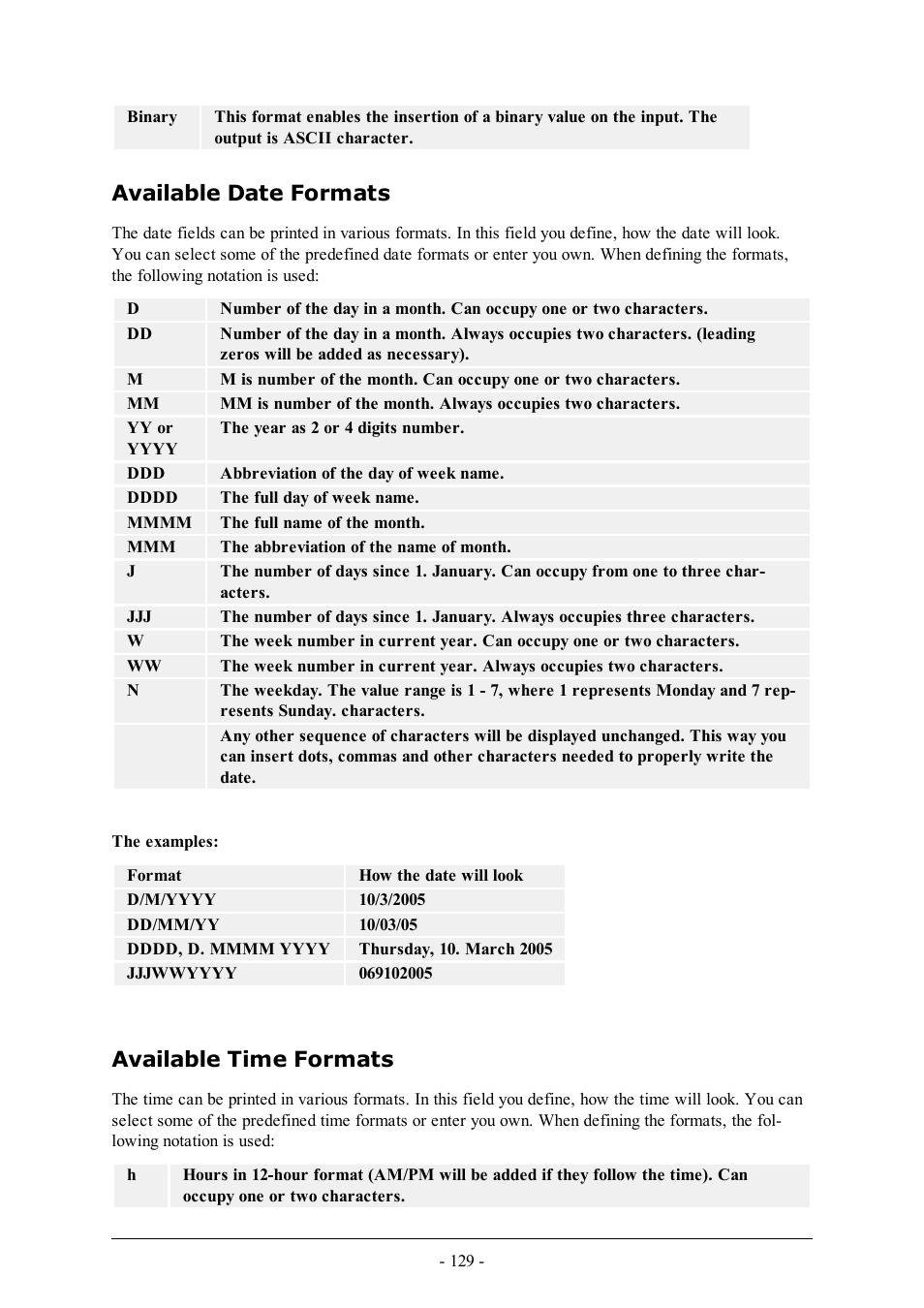 Available date formats, Available time formats | QuickLabel Designer Pro User Manual | Page 129 / 194