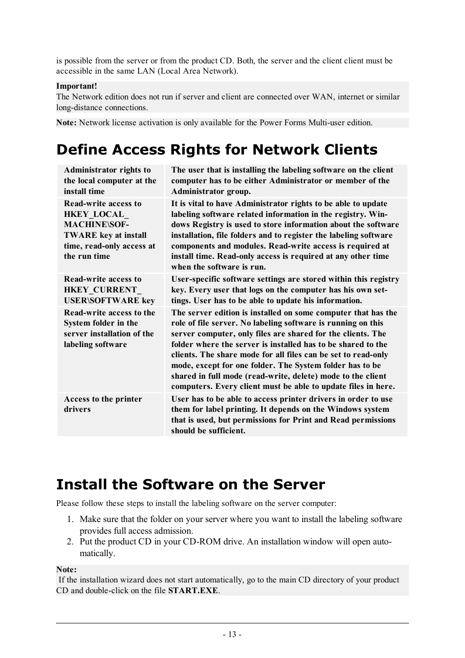 Define access rights for network clients, Install the software on the server | QuickLabel Designer Pro User Manual | Page 13 / 194