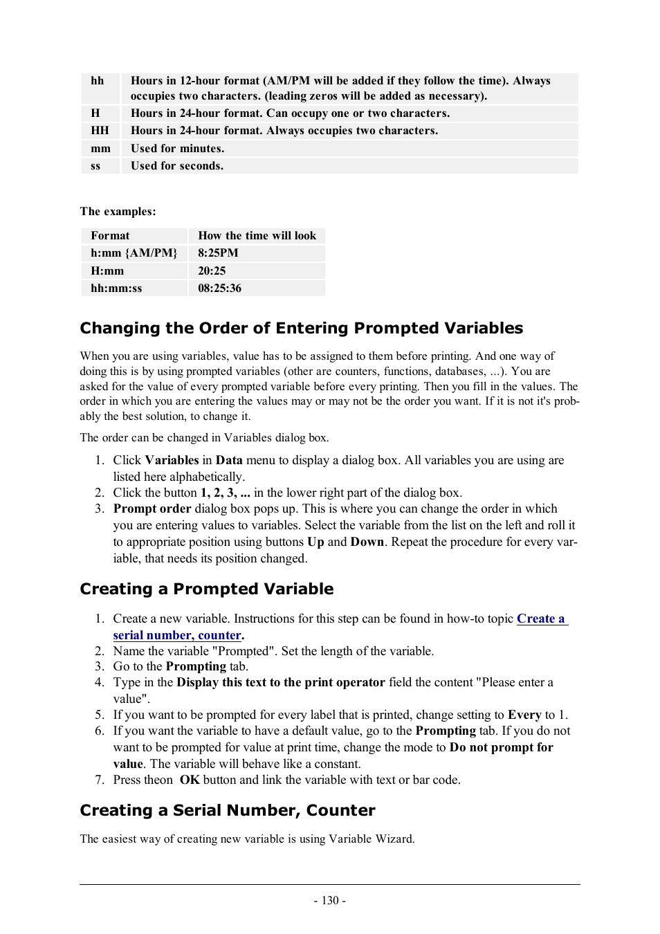 Changing the order of entering prompted variables, Creating a prompted variable, Creating a serial number, counter | QuickLabel Designer Pro User Manual | Page 130 / 194