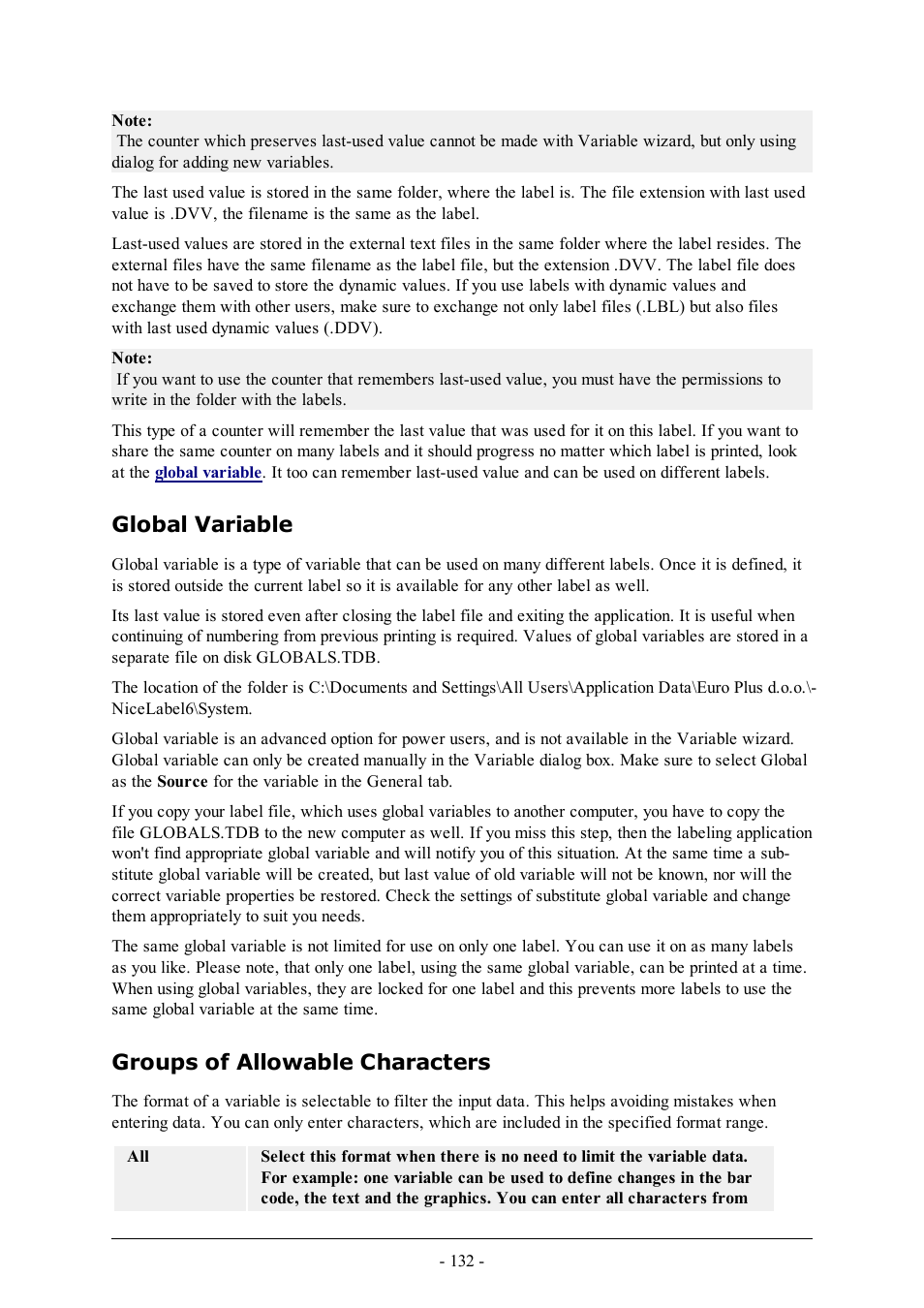 Global variable, Groups of allowable characters | QuickLabel Designer Pro User Manual | Page 132 / 194