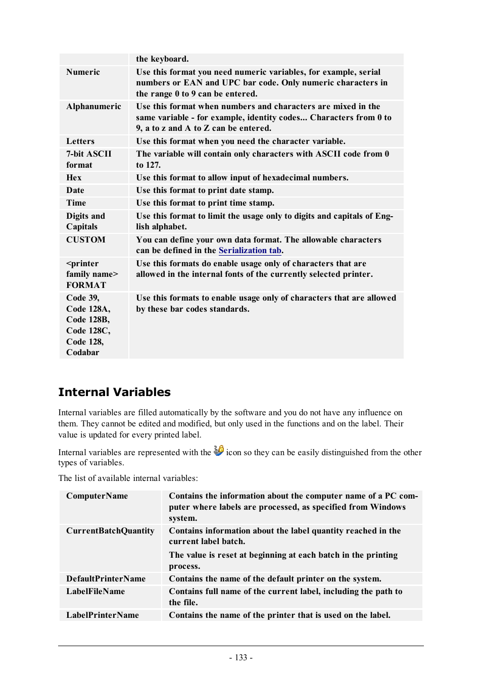 Internal variables | QuickLabel Designer Pro User Manual | Page 133 / 194