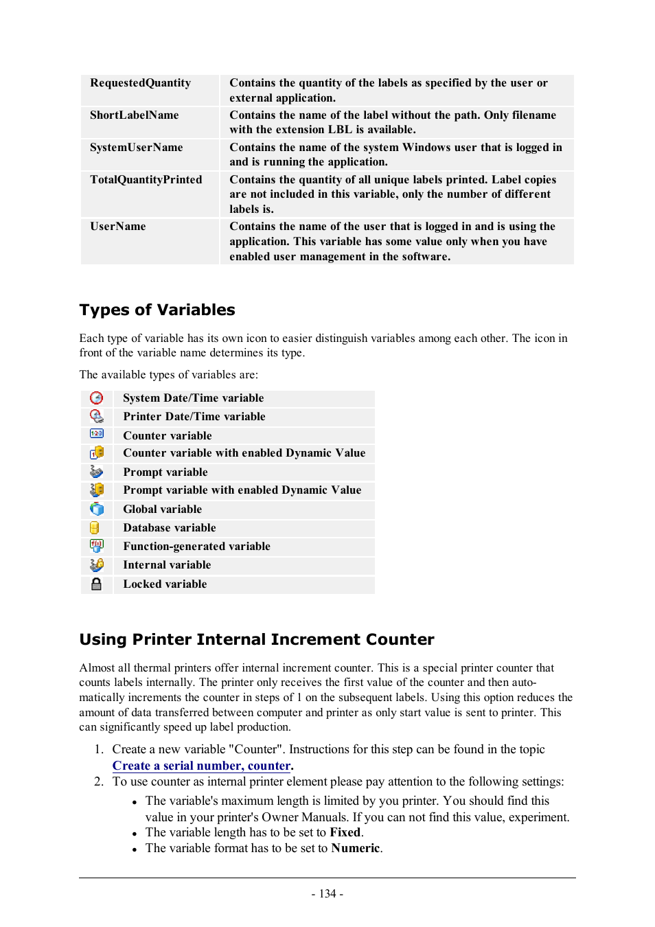Types of variables, Using printer internal increment counter | QuickLabel Designer Pro User Manual | Page 134 / 194