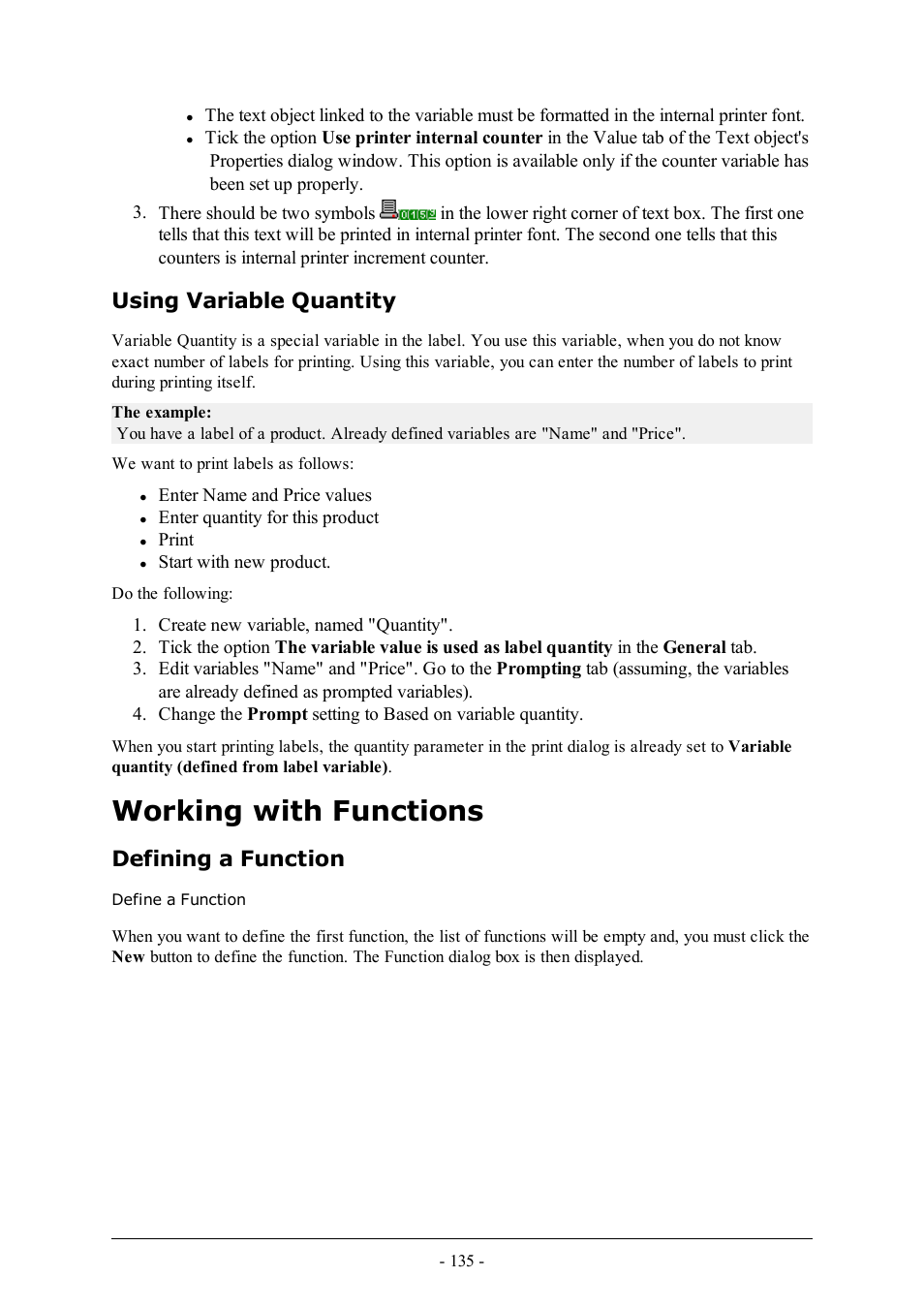 Using variable quantity, Working with functions, Defining a function | Define a function | QuickLabel Designer Pro User Manual | Page 135 / 194