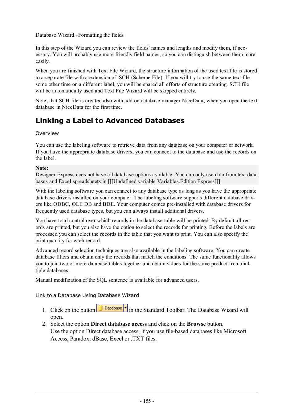 Linking a label to advanced databases, Overview, Link to a database using database wizard | QuickLabel Designer Pro User Manual | Page 155 / 194
