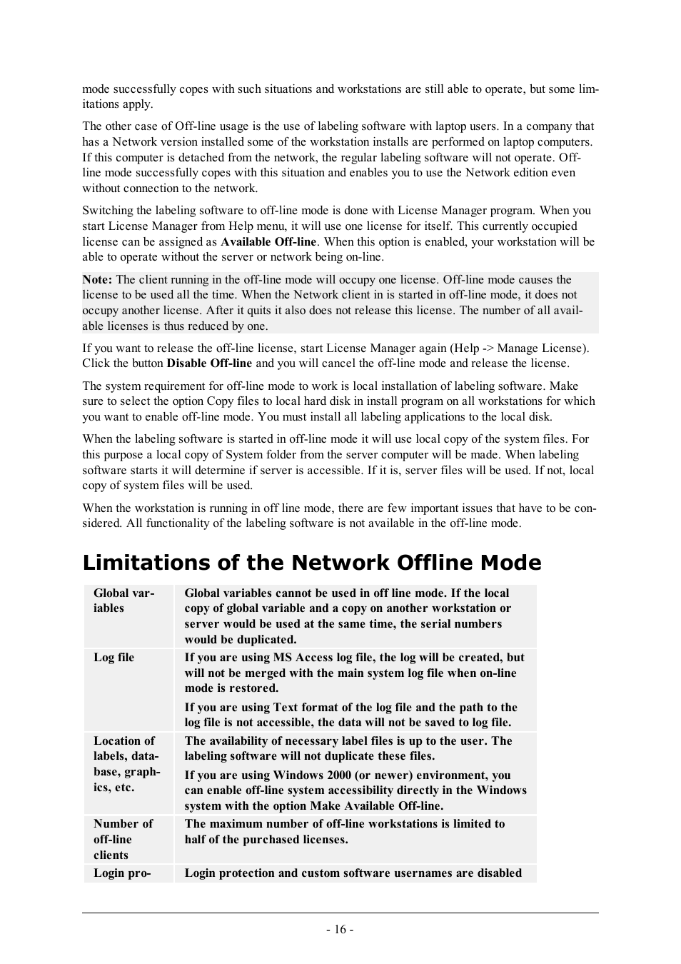 Limitations of the network offline mode | QuickLabel Designer Pro User Manual | Page 16 / 194