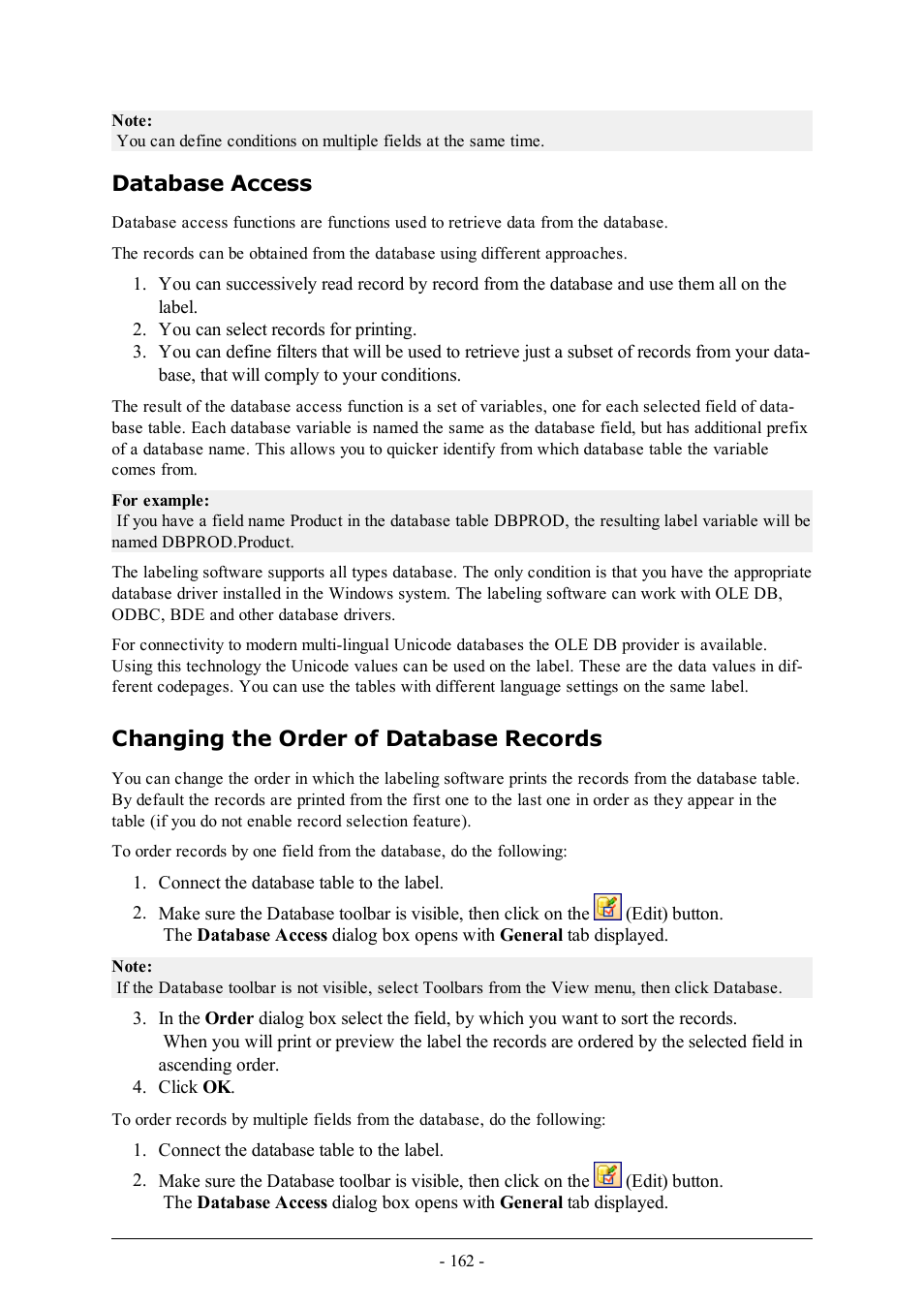 Database access, Changing the order of database records | QuickLabel Designer Pro User Manual | Page 162 / 194