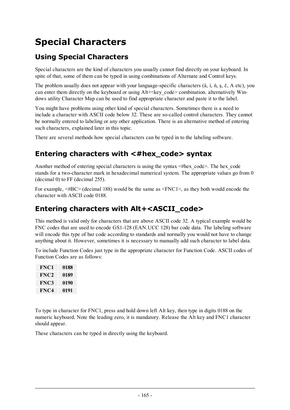 Special characters, Using special characters, Entering characters with <#hex_code> syntax | Entering characters with alt+<ascii_code | QuickLabel Designer Pro User Manual | Page 165 / 194