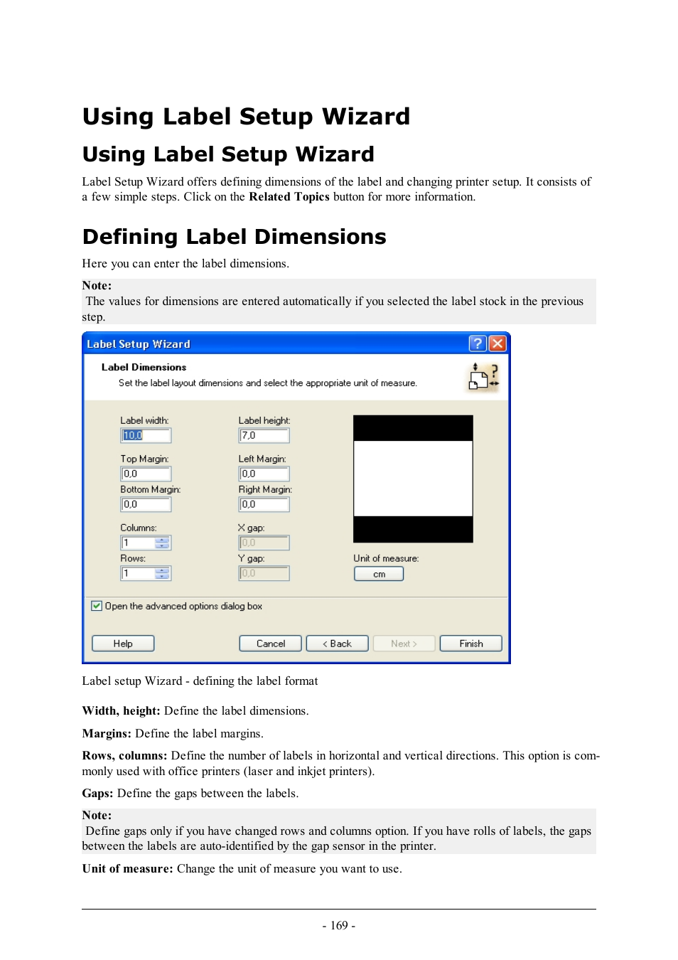 Using label setup wizard, Defining label dimensions | QuickLabel Designer Pro User Manual | Page 169 / 194