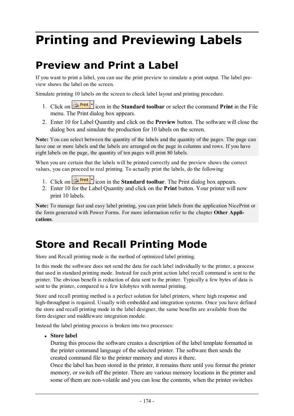 Printing and previewing labels, Preview and print a label, Store and recall printing mode | QuickLabel Designer Pro User Manual | Page 174 / 194