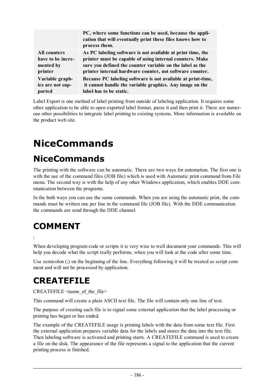 Nicecommands, Comment, Createfile | QuickLabel Designer Pro User Manual | Page 186 / 194