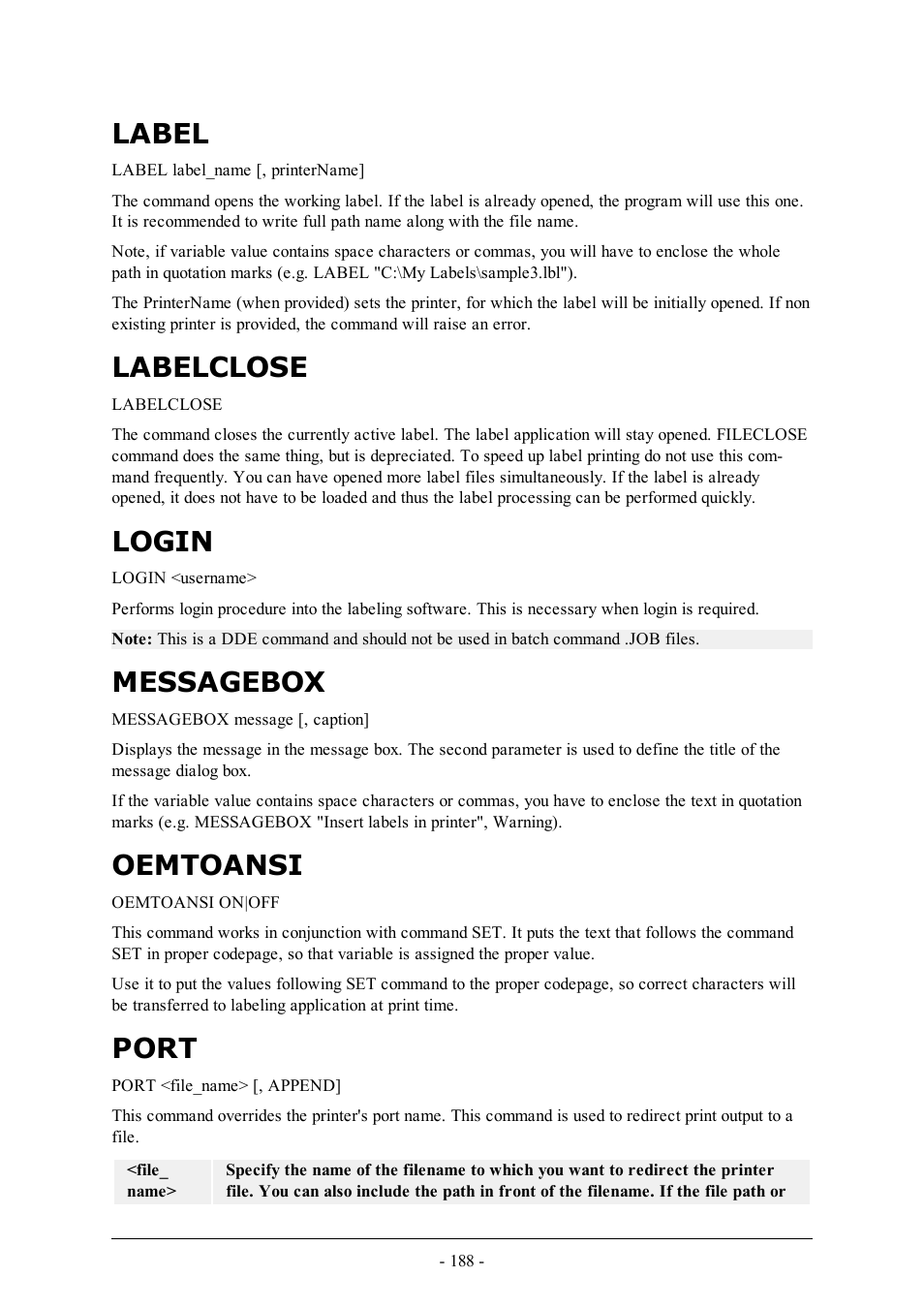 Label, Labelclose, Login | Messagebox, Oemtoansi, Port | QuickLabel Designer Pro User Manual | Page 188 / 194