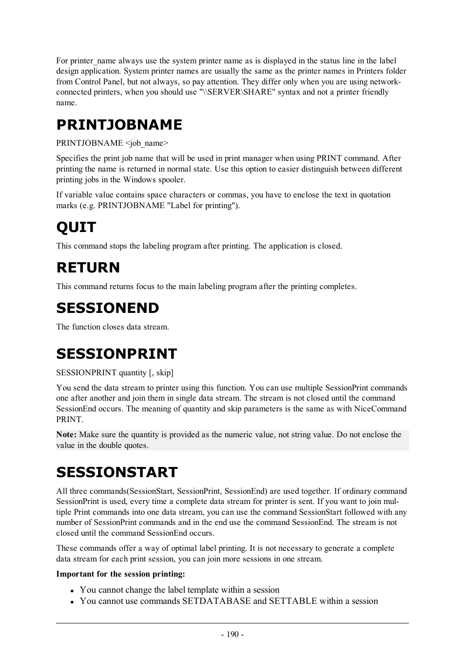Printjobname, Quit, Return | Sessionend, Sessionprint, Sessionstart | QuickLabel Designer Pro User Manual | Page 190 / 194