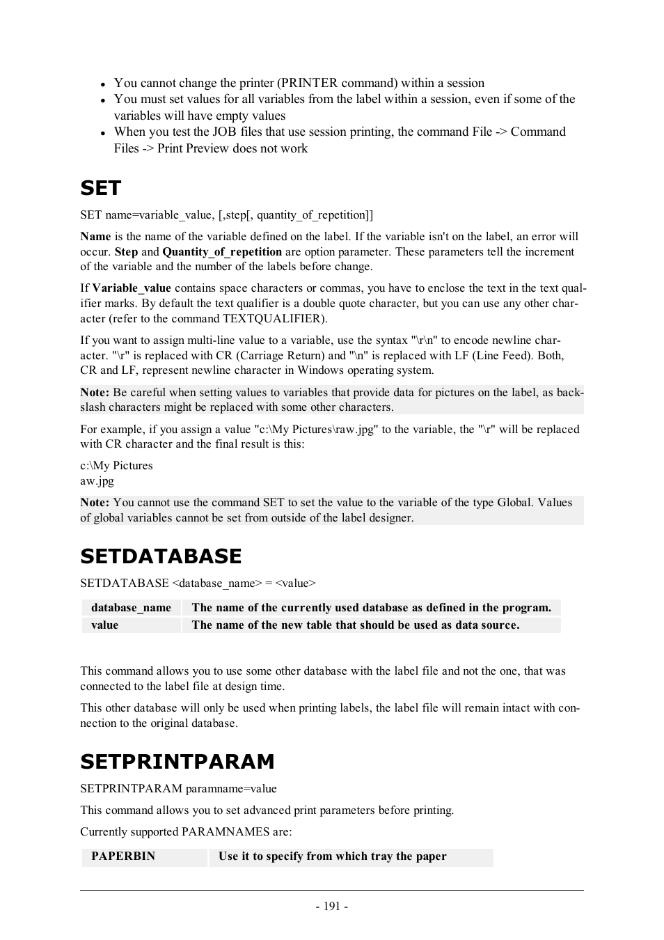 Setdatabase, Setprintparam | QuickLabel Designer Pro User Manual | Page 191 / 194