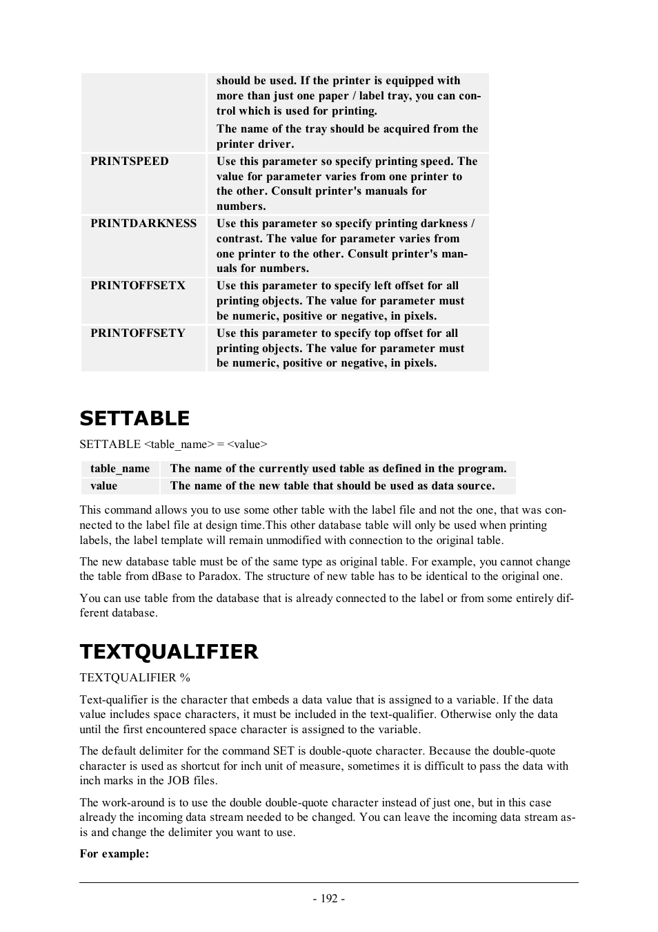 Settable, Textqualifier | QuickLabel Designer Pro User Manual | Page 192 / 194