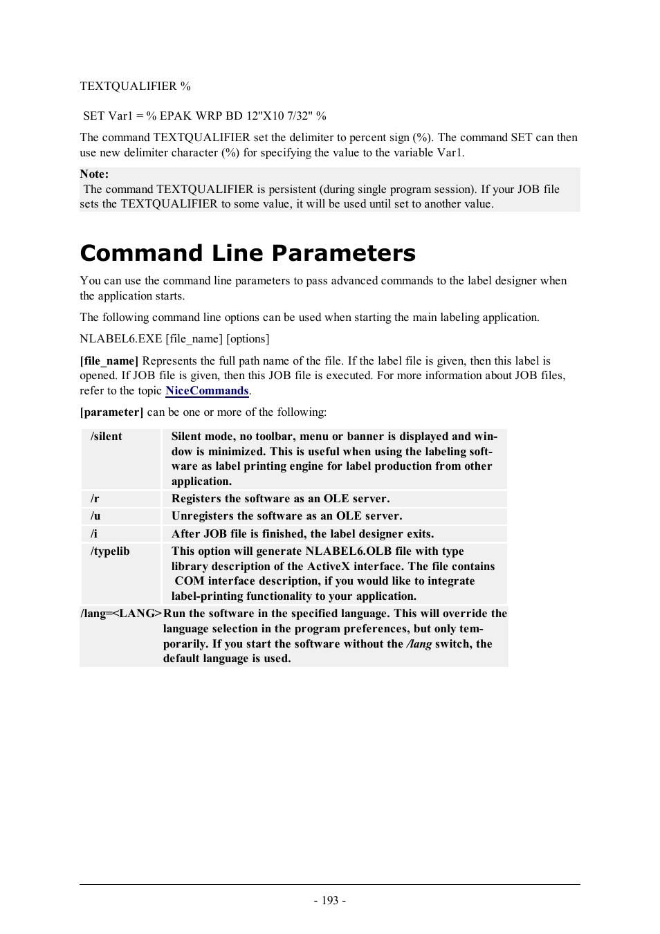 Command line parameters | QuickLabel Designer Pro User Manual | Page 193 / 194