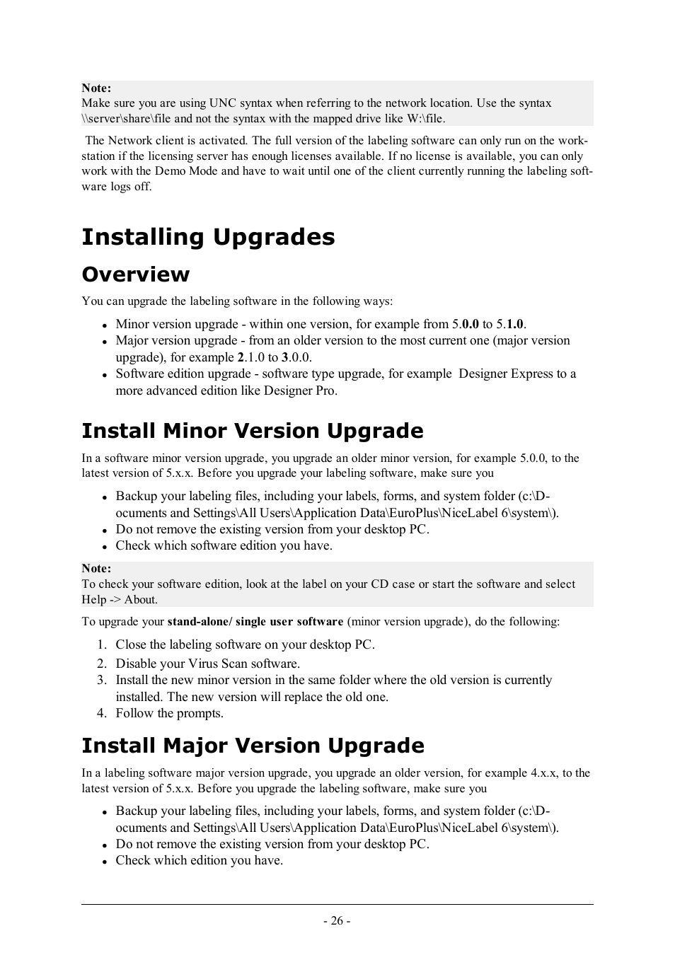 Installing upgrades, Overview, Install minor version upgrade | Install major version upgrade | QuickLabel Designer Pro User Manual | Page 26 / 194