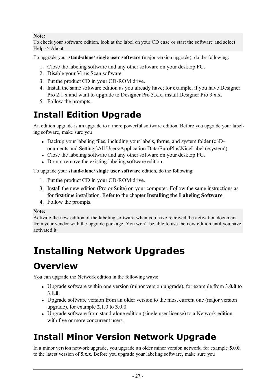 Install edition upgrade, Installing network upgrades, Overview | Install minor version network upgrade | QuickLabel Designer Pro User Manual | Page 27 / 194