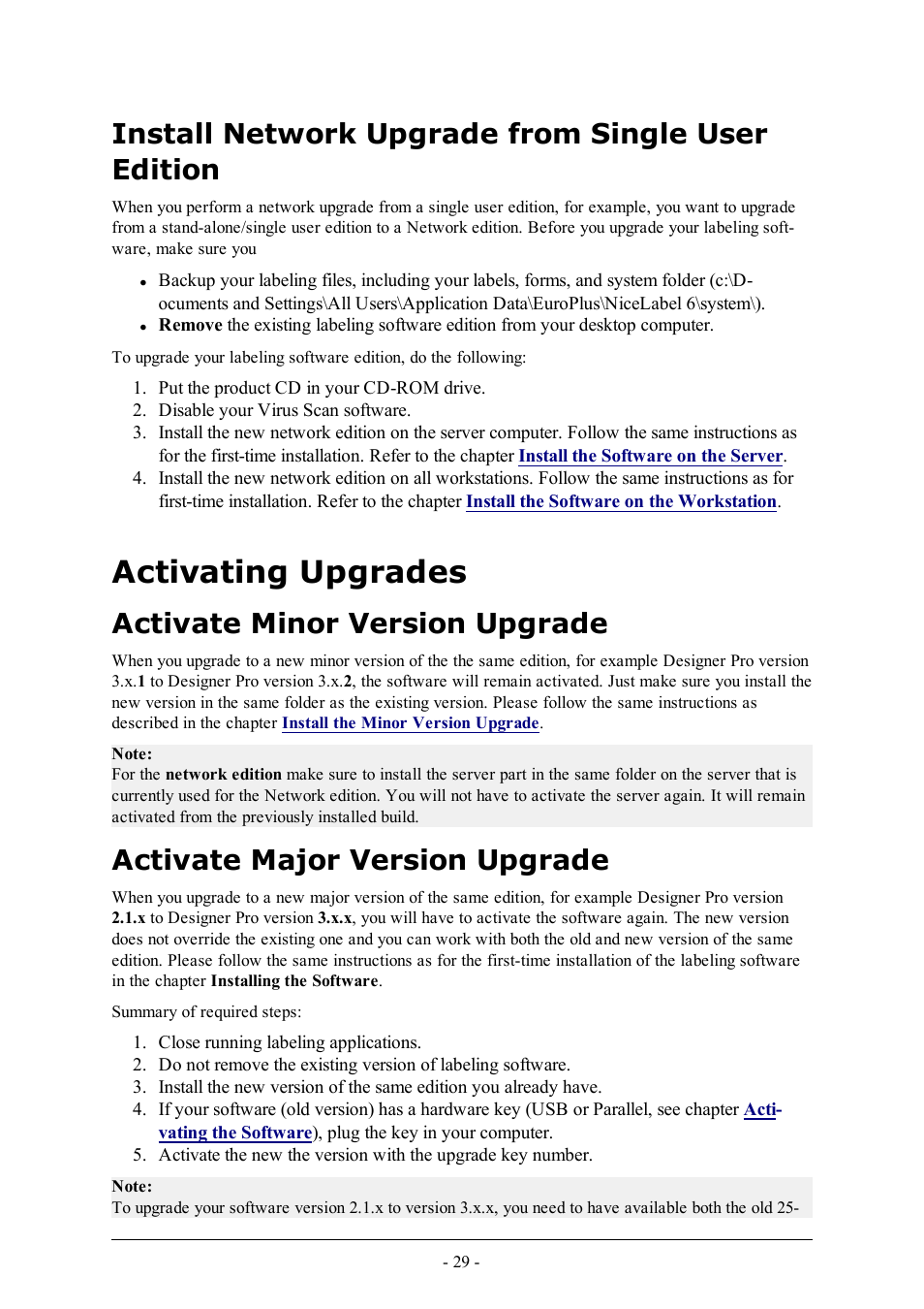Install network upgrade from single user edition, Activating upgrades, Activate minor version upgrade | Activate major version upgrade | QuickLabel Designer Pro User Manual | Page 29 / 194