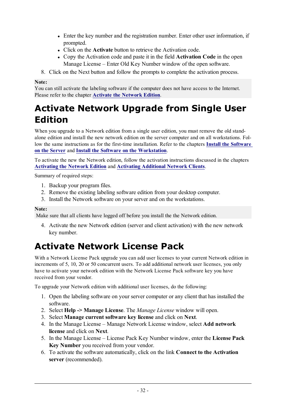 Activate network upgrade from single user edition, Activate network license pack | QuickLabel Designer Pro User Manual | Page 32 / 194
