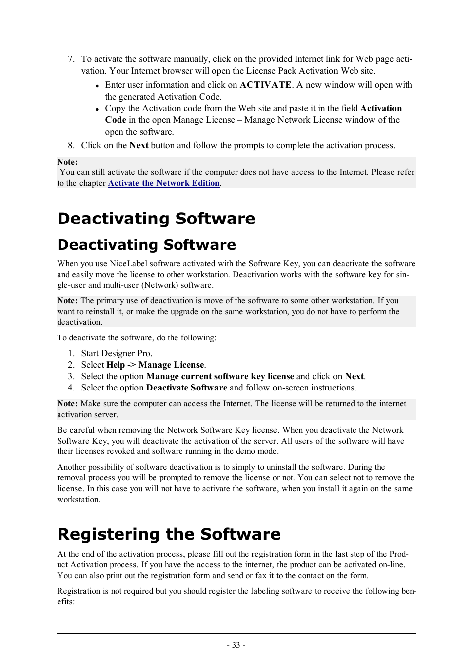 Deactivating software, Registering the software | QuickLabel Designer Pro User Manual | Page 33 / 194