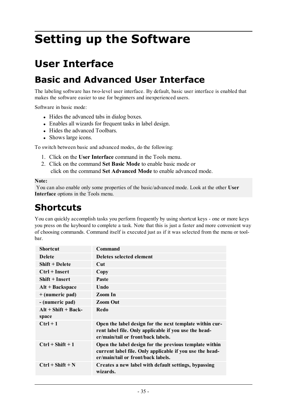 Setting up the software, User interface, Basic and advanced user interface | Shortcuts | QuickLabel Designer Pro User Manual | Page 35 / 194