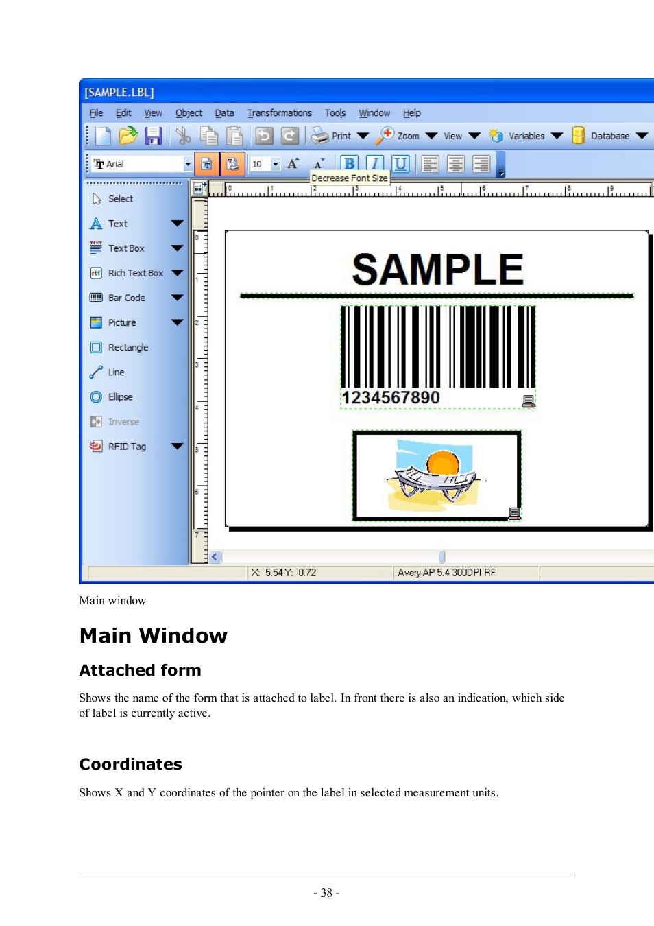 Main window, Attached form, Coordinates | QuickLabel Designer Pro User Manual | Page 38 / 194