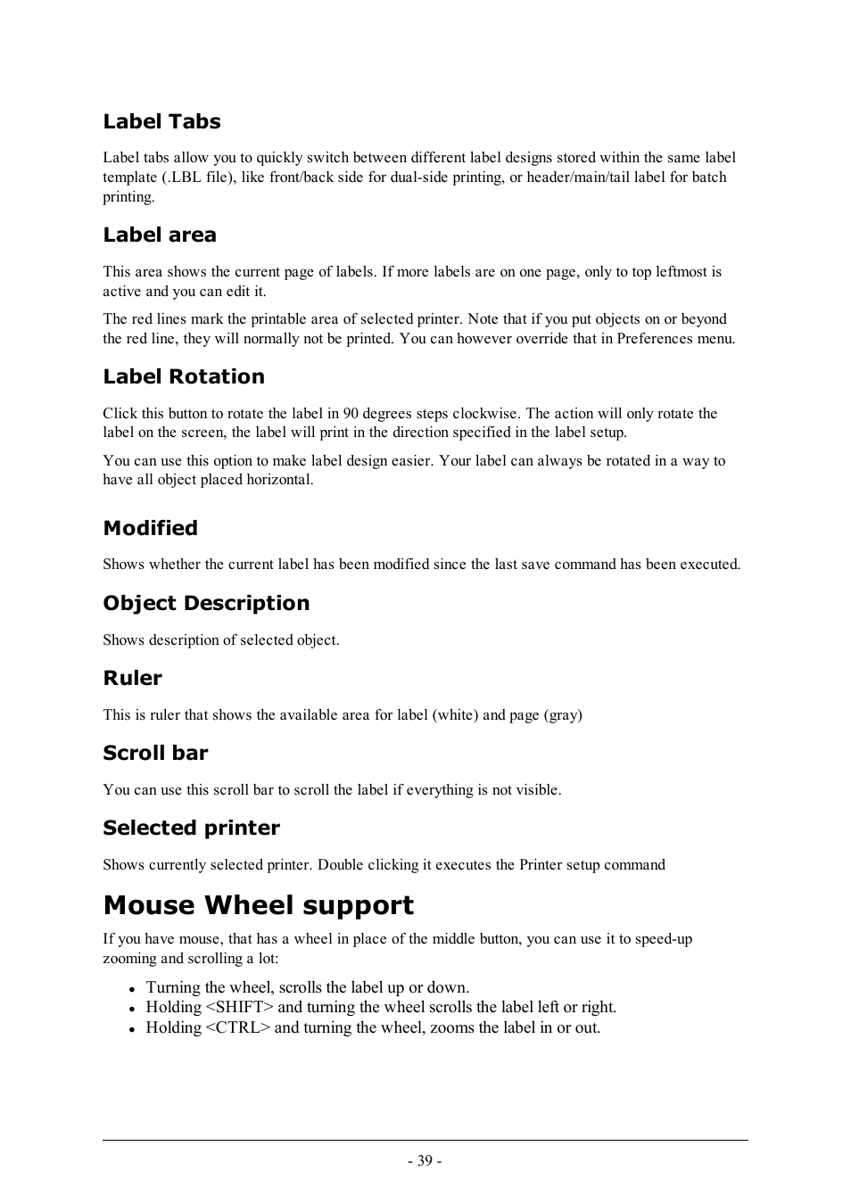 Label tabs, Label area, Label rotation | Modified, Object description, Ruler, Scroll bar, Selected printer, Mouse wheel support | QuickLabel Designer Pro User Manual | Page 39 / 194