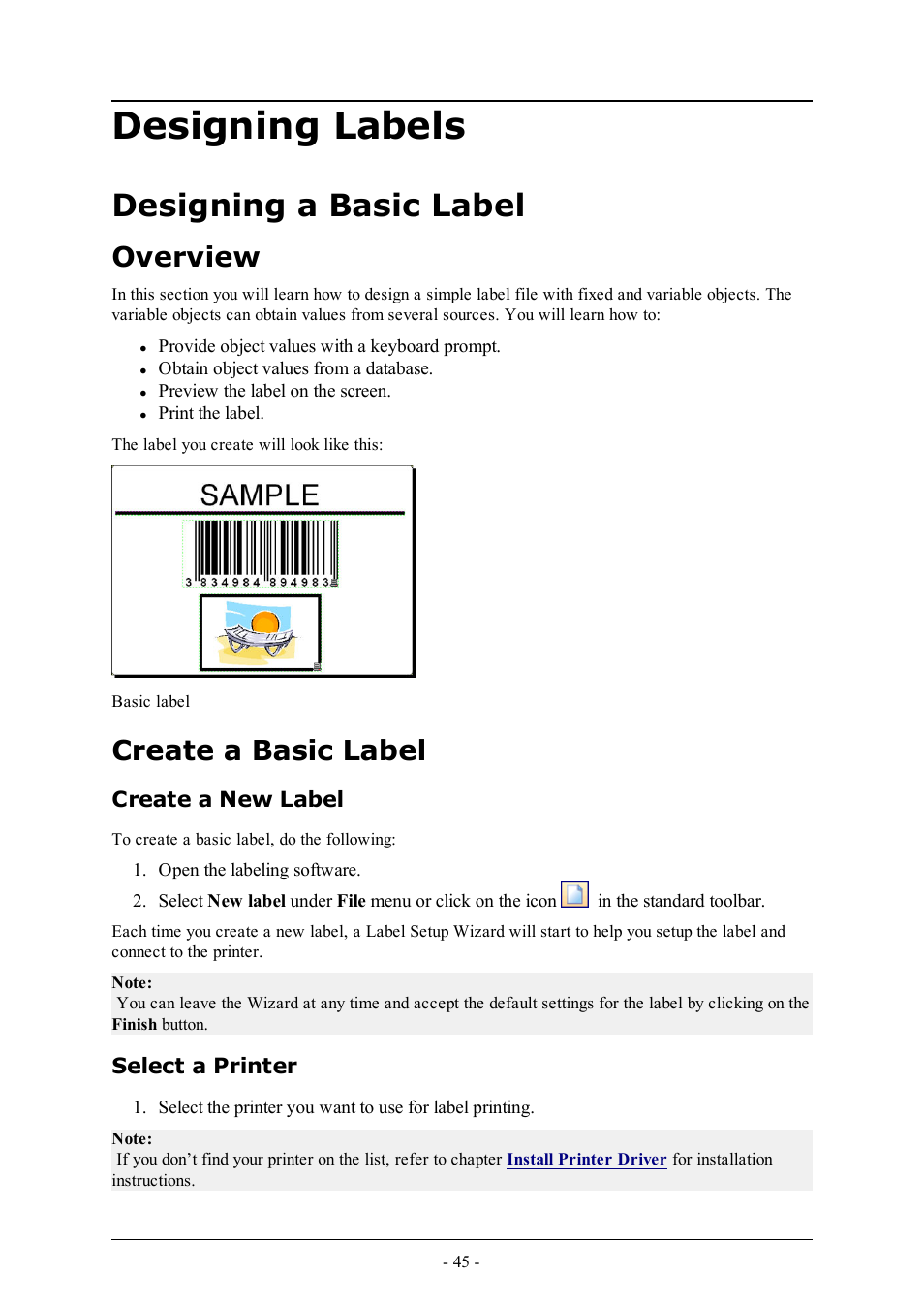 Designing labels, Designing a basic label, Overview | Create a basic label, Create a new label, Select a printer | QuickLabel Designer Pro User Manual | Page 45 / 194