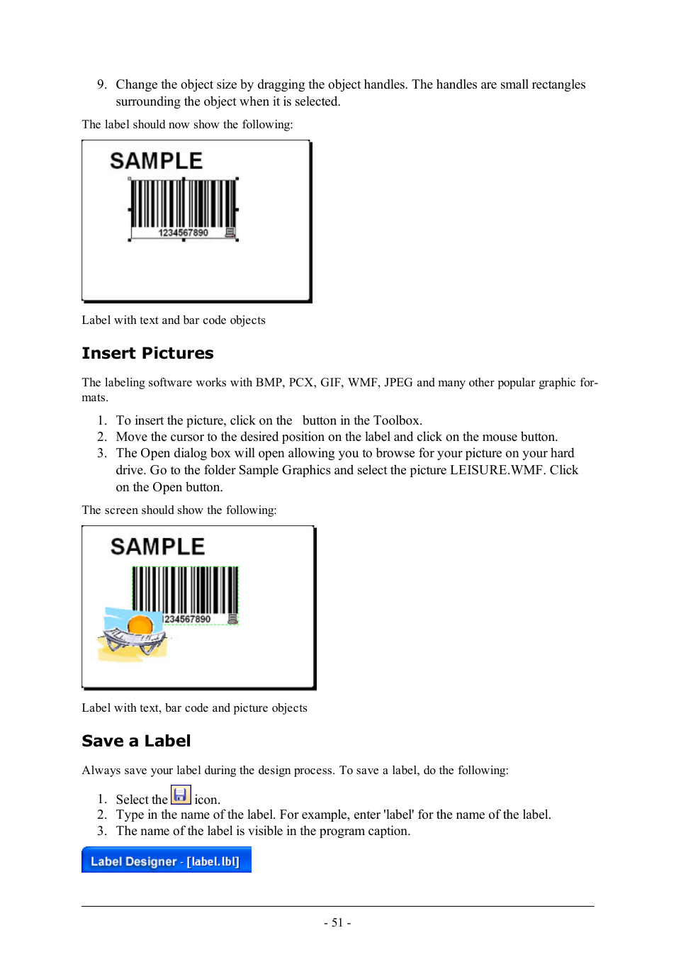Insert pictures, Save a label | QuickLabel Designer Pro User Manual | Page 51 / 194