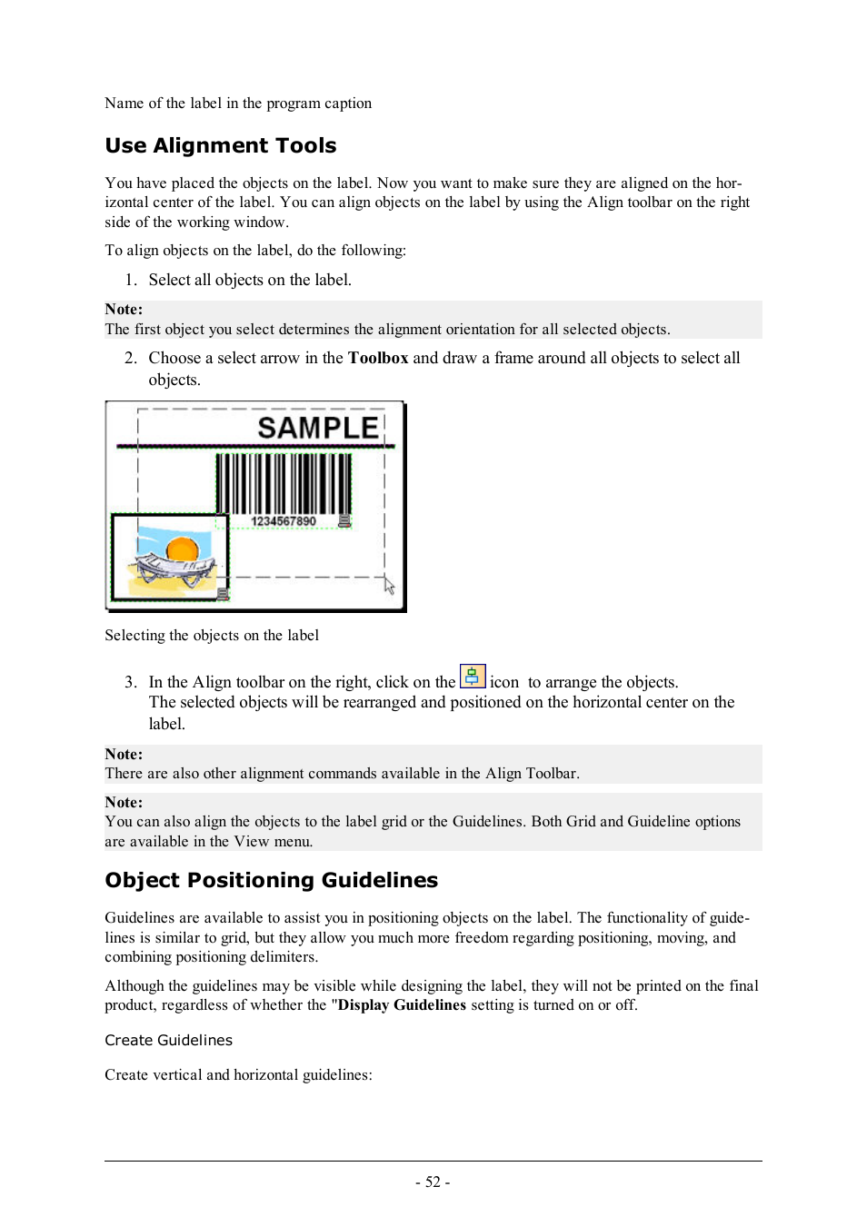 Use alignment tools, Object positioning guidelines, Create guidelines | QuickLabel Designer Pro User Manual | Page 52 / 194