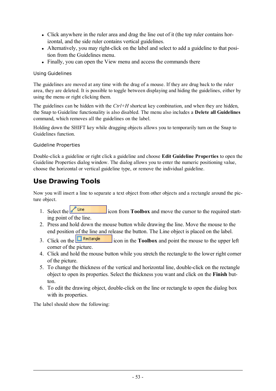Using guidelines, Guideline properties, Use drawing tools | QuickLabel Designer Pro User Manual | Page 53 / 194