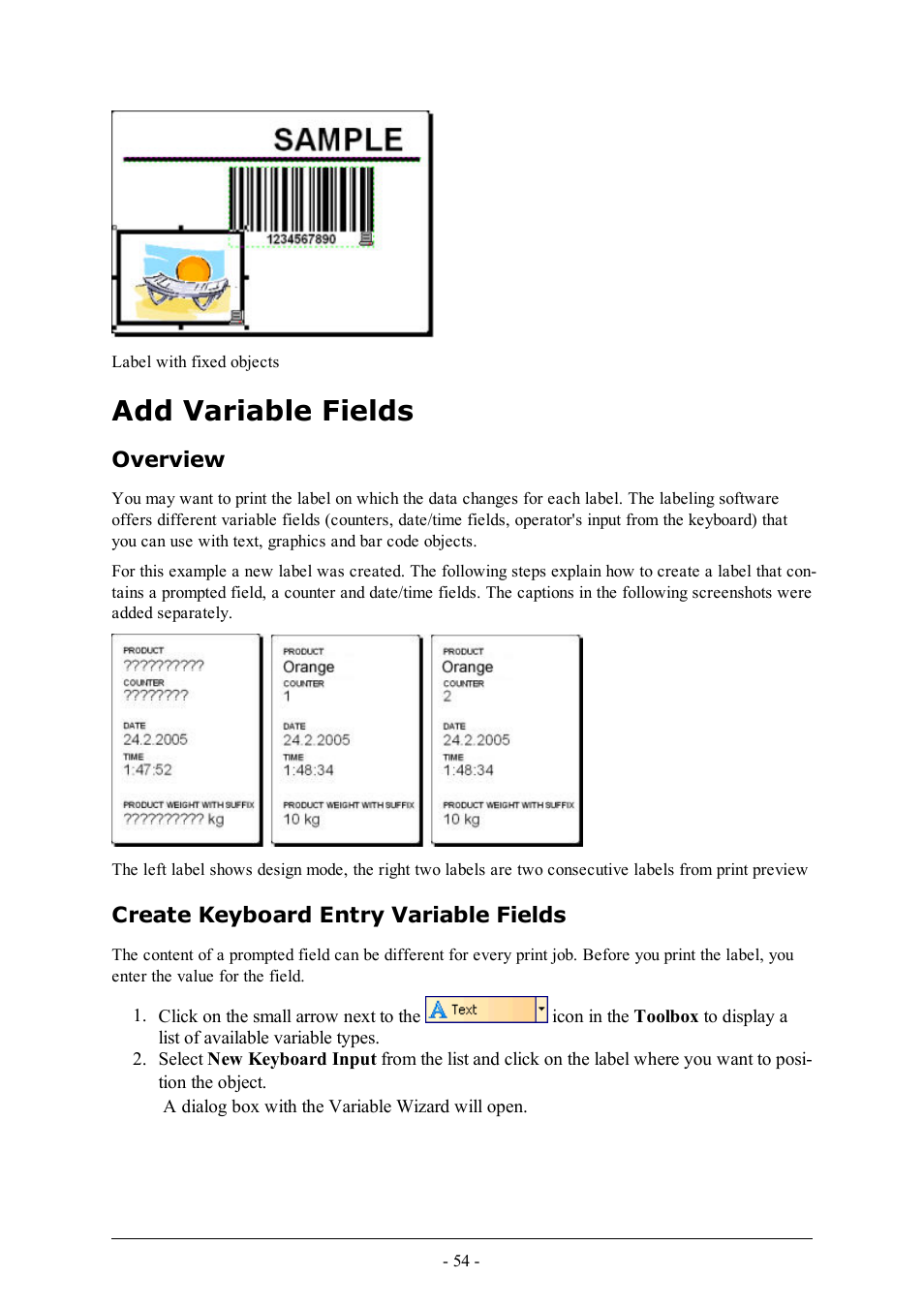 Add variable fields, Overview, Create keyboard entry variable fields | QuickLabel Designer Pro User Manual | Page 54 / 194