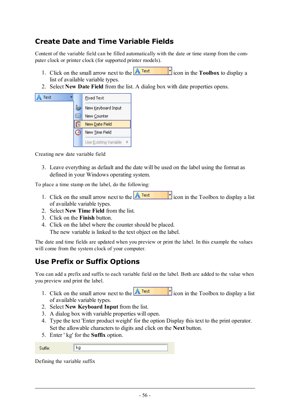 Create date and time variable fields, Use prefix or suffix options | QuickLabel Designer Pro User Manual | Page 56 / 194