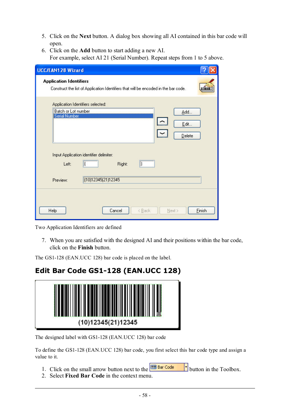 Edit bar code gs1-128 (ean.ucc 128) | QuickLabel Designer Pro User Manual | Page 58 / 194