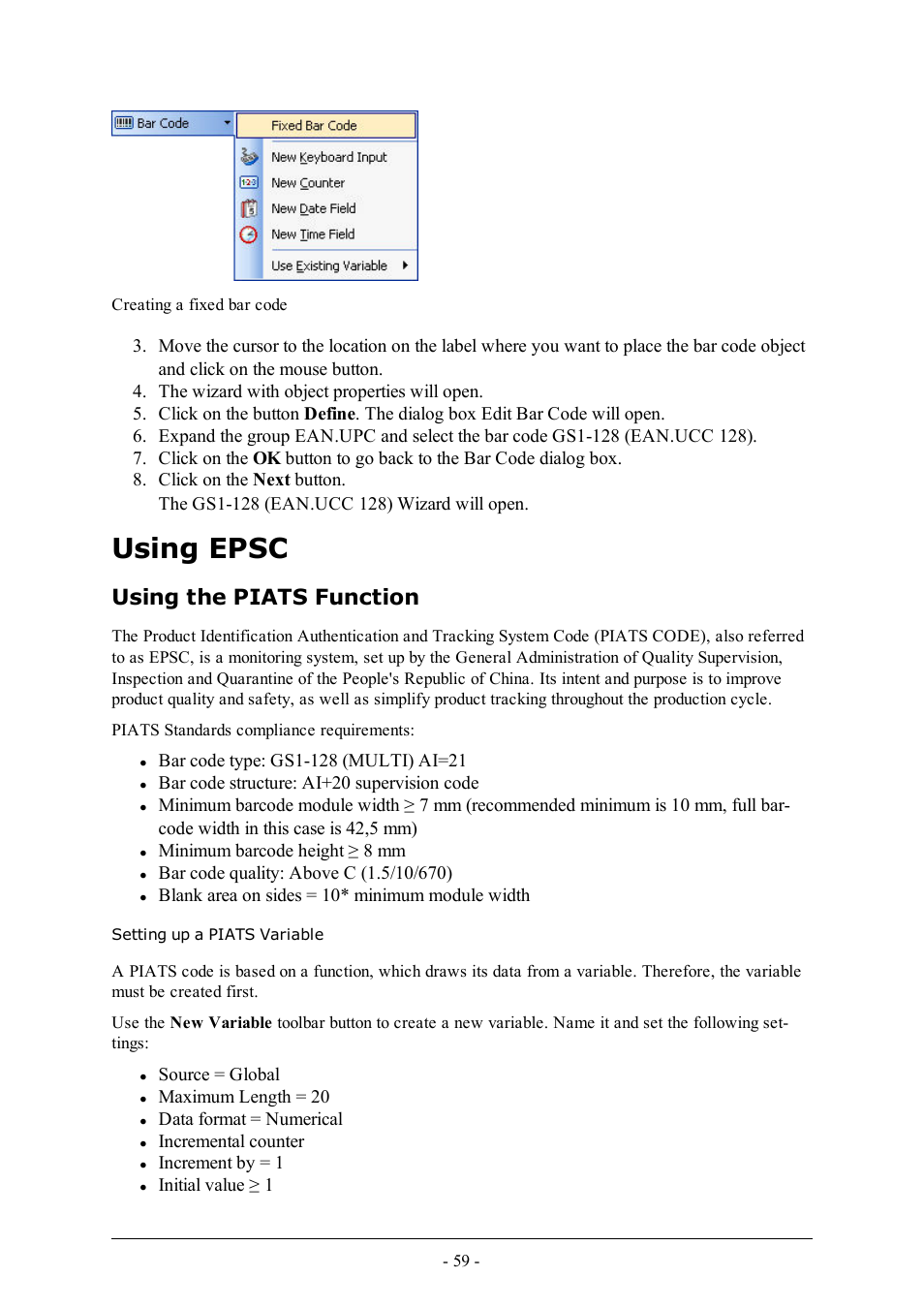 Using epsc, Using the piats function, Setting up a piats variable | QuickLabel Designer Pro User Manual | Page 59 / 194