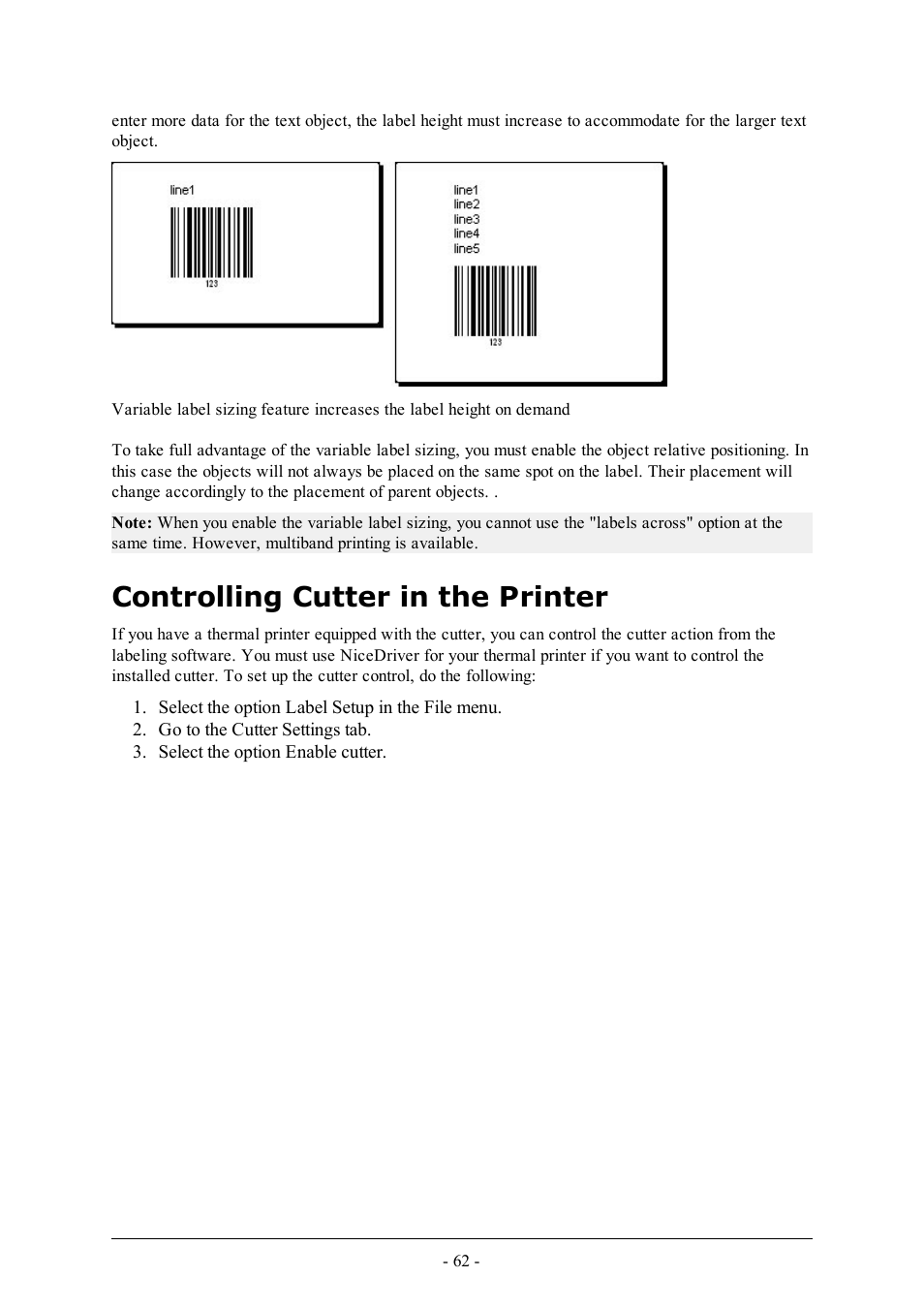 Controlling cutter in the printer | QuickLabel Designer Pro User Manual | Page 62 / 194