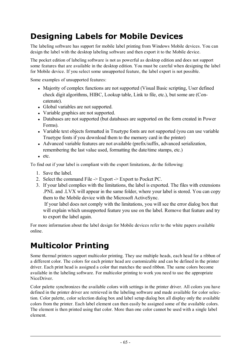 Designing labels for mobile devices, Multicolor printing | QuickLabel Designer Pro User Manual | Page 65 / 194