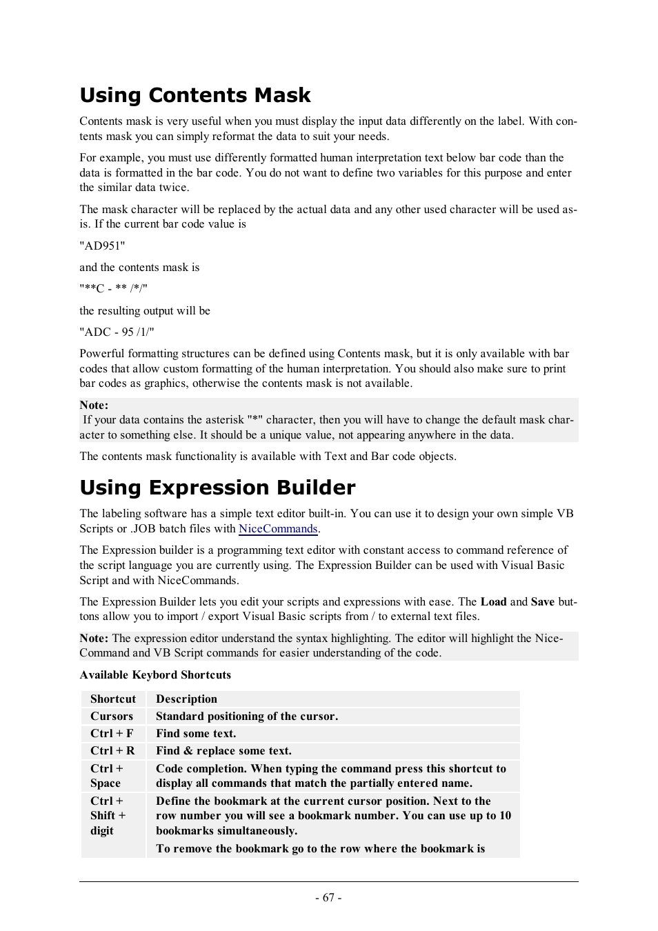 Using contents mask, Using expression builder | QuickLabel Designer Pro User Manual | Page 67 / 194