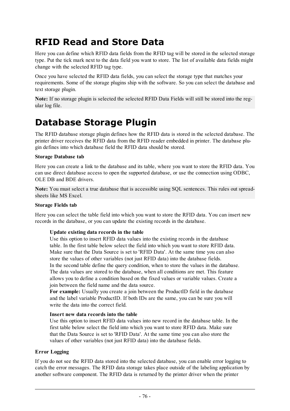 Rfid read and store data, Database storage plugin | QuickLabel Designer Pro User Manual | Page 76 / 194