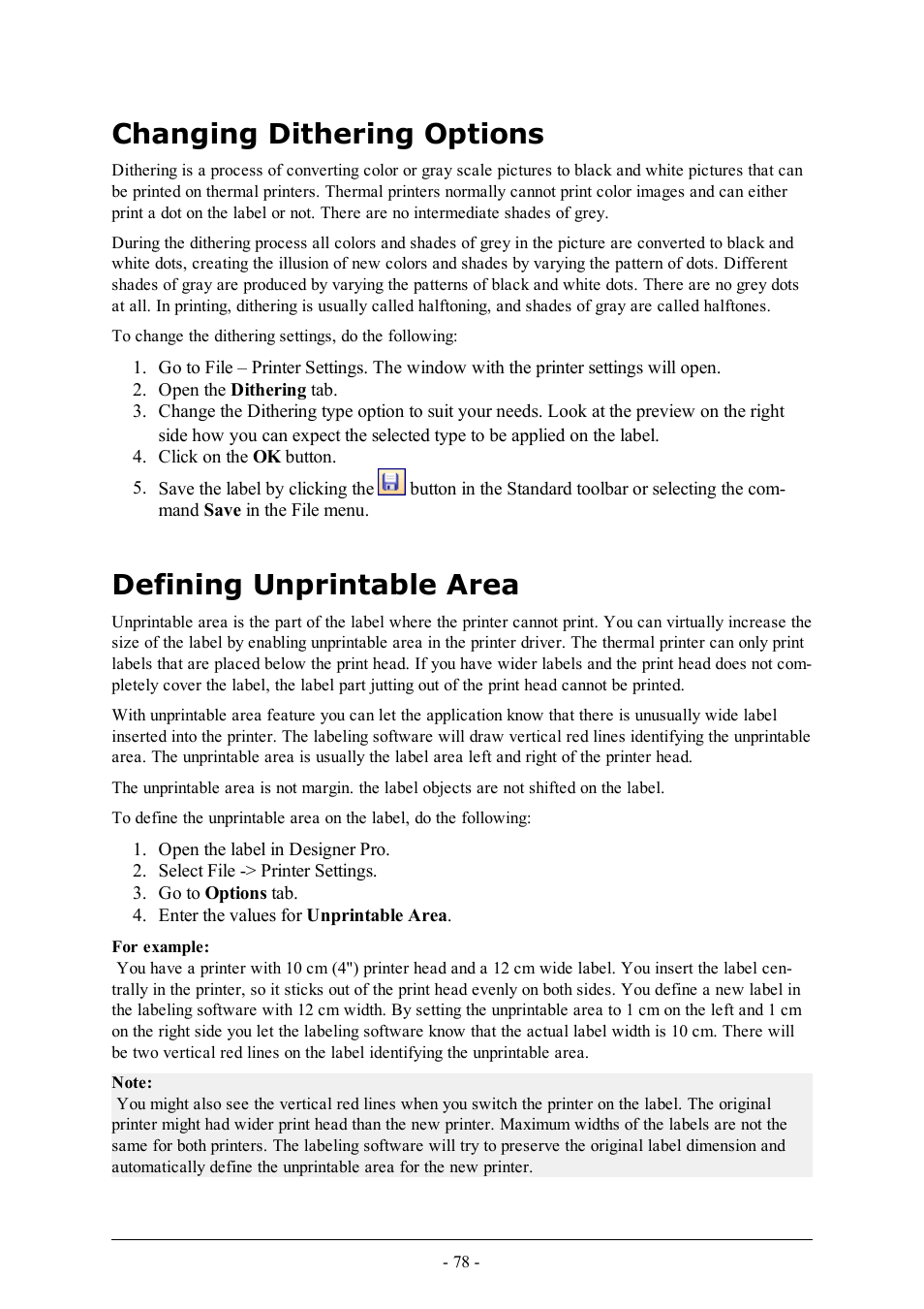 Changing dithering options, Defining unprintable area | QuickLabel Designer Pro User Manual | Page 78 / 194
