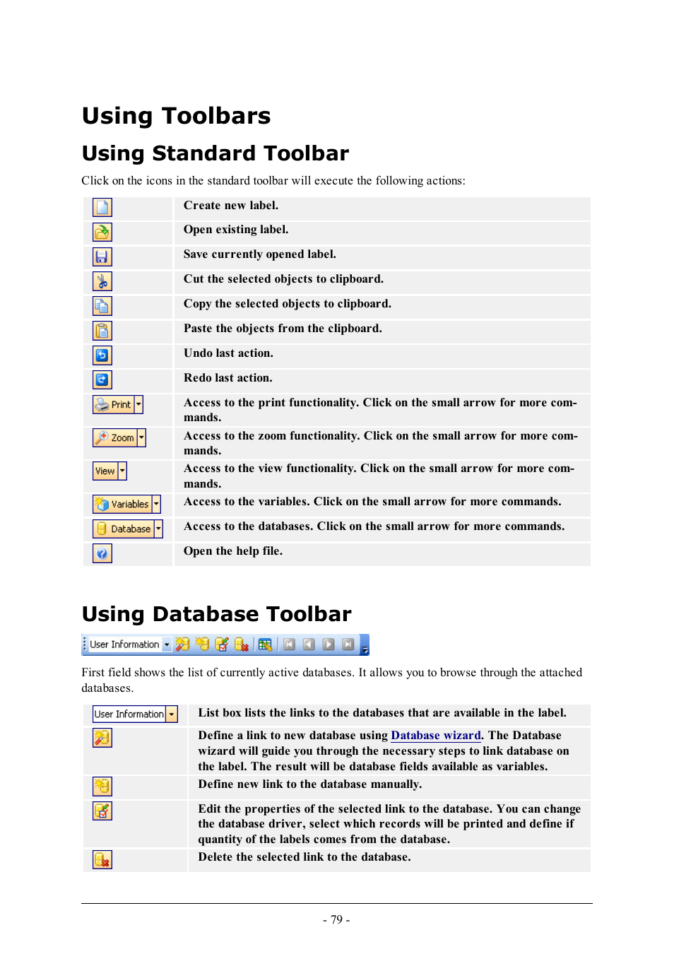 Using toolbars, Using standard toolbar, Using database toolbar | QuickLabel Designer Pro User Manual | Page 79 / 194