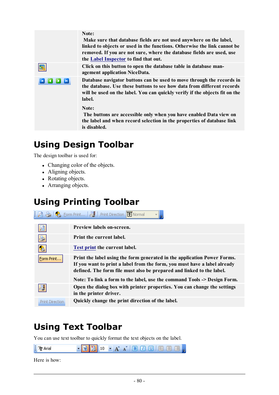 Using design toolbar, Using printing toolbar, Using text toolbar | QuickLabel Designer Pro User Manual | Page 80 / 194