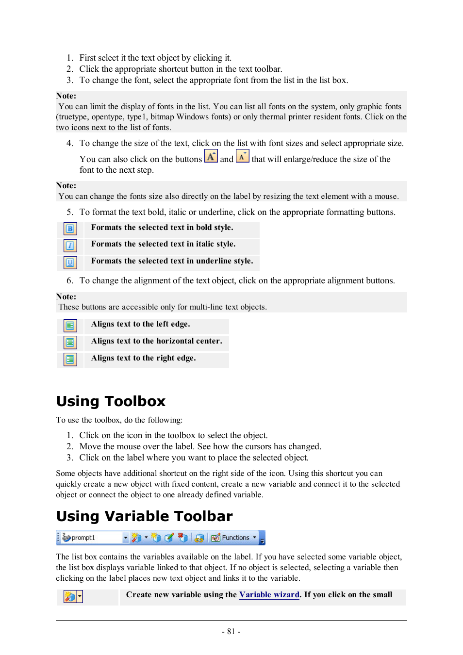 Using toolbox, Using variable toolbar | QuickLabel Designer Pro User Manual | Page 81 / 194